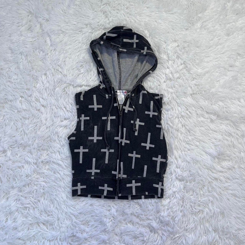 y2k gray cross print hooded vest small